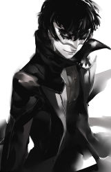 Rule 34 | 1boy, amamiya ren, blazpu, greyscale, hair between eyes, high collar, highres, looking at viewer, male focus, mask, monochrome, persona, persona 5, simple background, smile, solo, upper body, white background