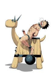 Rule 34 | 1boy, abs, absurdres, arms behind back, ball and chain restraint, bdsm, black hair, censored, chest tattoo, closed eyes, completely nude, drooling, erection, facial scar, from side, full body, highres, leaning back, male focus, monkey d. luffy, mosaic censoring, mouth drool, nipple piercing, nose bubble, nude, one piece, open mouth, penis, penis piercing, piercing, restrained, roaringmoon, saliva, scar, scar on cheek, scar on chest, scar on face, shadow, short hair, simple background, sleeping, solo, tattoo, testicles, toned, toned male, white background, wooden horse