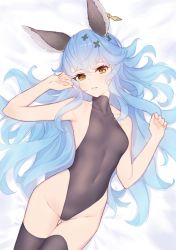 Rule 34 | 1girl, animal ears, black thighhighs, blue hair, blush, breasts, collarbone, covered navel, earrings, erune, ferry (granblue fantasy), gluteal fold, granblue fantasy, hair between eyes, hair ornament, highres, jewelry, lips, long hair, looking at viewer, lying, on back, parted lips, rabbit ears, single earring, small breasts, solo, thigh gap, thighhighs, wavy hair, x hair ornament, yellow eyes, yellowpaint.
