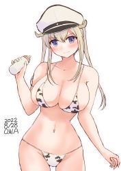 Rule 34 | 1girl, animal print, baby bottle, bikini, blonde hair, bottle, breasts, commentary request, cow print, cowboy shot, graf zeppelin (kancolle), grey eyes, hair between eyes, hat, highres, holding, holding bottle, kantai collection, large breasts, military hat, one-hour drawing challenge, owa (ishtail), peaked cap, sidelocks, solo, swimsuit, tsurime, twintails, white bikini, white hat