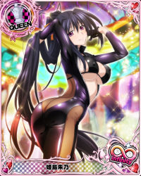 Rule 34 | 10s, 1girl, ass, bikini, bikini top only, black gloves, black hair, breasts, butt crack, card (medium), catsuit, character name, chess piece, covered erect nipples, gloves, hair ribbon, heart, high school dxd, high school dxd infinity, himejima akeno, large breasts, long hair, official art, open clothes, ponytail, purple eyes, queen (chess), ribbon, smile, solo, standing, swimsuit, trading card, underboob, very long hair