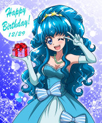 Rule 34 | 10s, 1girl, ;d, blue dress, blue eyes, blue gloves, blue hair, bow, breasts, cleavage, dress, elbow gloves, gift, gloves, hanzou, happinesscharge precure!, happy birthday, jewelry, long hair, matching hair/eyes, necklace, one eye closed, open mouth, pearl necklace, ponytail, precure, shirayuki hime, smile, solo, v