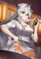 Rule 34 | 1girl, animal ears, apron, arknights, breasts, butcher knife, chinese commentary, cleavage, collarbone, commentary request, frilled apron, frills, grey eyes, hair between eyes, hair ornament, hairclip, hand up, highres, holding, holding knife, indoors, knife, lappland (arknights), large breasts, long hair, mcg6, originium slug (arknights), scar, scar across eye, scar on face, shirt, short sleeves, silver hair, smile, solo, upper body, very long hair, waist apron, white apron, white shirt, wolf ears