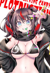 Rule 34 | 1girl, arm up, armpit crease, artist name, black jacket, black nails, black sclera, blue eyes, blue nails, blush, breasts, brown hair, candy, cleavage, colored sclera, earrings, english text, eyeshadow, fingernails, food, food in mouth, green nails, grey hair, grin, hair between eyes, hand on own hip, highres, holding, holding candy, holding food, jacket, jewelry, kubota masaki, large breasts, long fingernails, long hair, looking at viewer, makeup, mouth hold, multicolored hair, nail polish, navel, original, pink eyeshadow, pink nails, power symbol, red hair, scarf, simple background, skindentation, smile, solo, streaked hair, teeth, twintails, w, white background, yellow nails, zipper