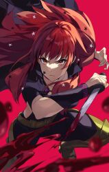Rule 34 | 1girl, angry, black cape, blood, bodysuit, breasts, cape, cleavage, clothing cutout, facial mark, fire emblem, fire emblem engage, hair ornament, highres, kamu (kamuuei), knife, large breasts, long hair, looking at viewer, nintendo, red eyes, red hair, side cutout, yunaka (fire emblem)