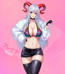 Rule 34 | 1girl, alternate costume, black choker, black gloves, black shorts, black thighhighs, bra, breasts, choker, cleavage, curled horns, fingerless gloves, fire emblem, fire emblem heroes, freyja (fire emblem), gloves, goat, goat horns, grey hair, hand on own hip, horns, large breasts, meziosaur, micro shorts, midriff, multicolored bra, multicolored clothes, navel, nintendo, pink background, red eyes, red horns, shorts, solo, thighhighs, underwear