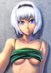 Rule 34 | 1girl, alternate costume, bare shoulders, bloom, blue eyes, bob cut, bokuden, breasts, clothes lift, collarbone, colored eyelashes, dark-skinned female, dark skin, eyelashes, female focus, hairband, konpaku youmu, lips, shirt lift, short hair, solo, staring, tank top, touhou, underboob, white hair