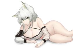 Rule 34 | 1girl, absurdres, animal ear fluff, animal ears, arknights, bare shoulders, bottomless, breasts, cat ears, cleft of venus, closed mouth, collarbone, feet out of frame, gluteal fold, green eyes, grey hair, highres, kal&#039;tsit (arknights), large breasts, long hair, long sleeves, looking at viewer, lying, material growth, nipples, on side, oripathy lesion (arknights), pussy, sarea (sarea2020), see-through, simple background, solo, thigh gap, uncensored, white background