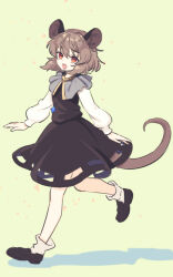 Rule 34 | 1girl, :d, animal ears, bare legs, black dress, black footwear, brown hair, capelet, dress, full body, grey capelet, jewelry, long sleeves, looking at viewer, medium hair, mouse ears, mouse girl, mouse tail, nazrin, open mouth, orange eyes, pendant, puffy long sleeves, puffy sleeves, shadow, shoes, simple background, smile, socks, solo, tail, teeth, tomobe kinuko, touhou, upper teeth only, walking, white sleeves, white socks, yellow background
