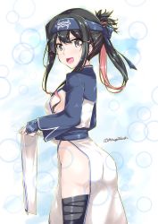 Rule 34 | 1girl, ainu clothes, alternate hairstyle, bandages, bandana, black hair, blue background, commentary request, cosplay, cowboy shot, cropped jacket, folded ponytail, headband, kamoi (kancolle) (cosplay), kamoi (kancolle), kantai collection, long hair, mikage takashi, multicolored hair, naganami (kancolle), pelvic curtain, pink hair, sidelocks, solo, thighhighs, twitter username, two-tone hair, wrist guards