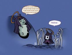 Rule 34 | bug, caterpillar, cloak, cosplay, english text, grass, grub (hollow knight), hollow eyes, hollow knight, hololive, hololive english, iskaydi, knight (hollow knight), long hair, mask, mask on head, ninomae ina&#039;nis, ninomae ina&#039;nis (cosplay), open mouth, pointy ears, purple hair, standing, virtual youtuber