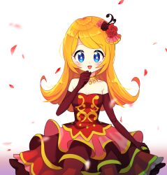 Rule 34 | 1girl, blue eyes, blush, dress, elbow gloves, flower, frilled dress, frills, gloves, gold necklace, hair flower, hair ornament, highres, jewelry, long hair, looking at viewer, mona (warioware), necklace, nintendo, off-shoulder dress, off shoulder, offbeat, open mouth, orange hair, petals, smile, warioware, warioware gold