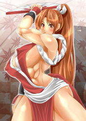 Rule 34 | alop-net, blush, breasts, brown eyes, brown hair, hand fan, fatal fury, highres, japanese clothes, long hair, macto, muscular, ponytail, shiranui mai, sideboob, snk, the king of fighters