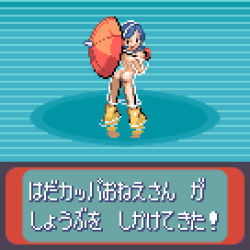 Rule 34 | 1girl, ass, black eyes, blue background, blue hair, boots, creatures (company), from behind, full body, functionally nude, game freak, holding, hood, hood up, japanese text, long hair, long sleeves, looking at viewer, looking back, naked raincoat, nintendo, open mouth, parasol lady (pokemon), pixel art, pokemon, pokemon rse, puddle, raincoat, reflection, rubber boots, saiwai hiroshi, see-through, see-through coat, smile, solo, standing, text focus, translated, transparent raincoat, umbrella, water, yellow footwear