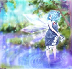 Rule 34 | 1girl, blue dress, blue hair, blue sky, blurry, cirno, day, depth of field, dress, hair ribbon, light particles, looking away, ribbon, ripples, short hair, sky, soaking feet, solo, sparkle, standing, touhou, tree, tsukiori sasa, wading, water, wings, wringing
