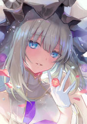 Rule 34 | 1girl, bad id, bad pixiv id, bare shoulders, black gloves, blue eyes, blush, breasts, dress, fate/grand order, fate (series), flower, frilled hat, frills, gloves, hat, highres, jewelry, large hat, long hair, looking at viewer, marie antoinette (fate), marie antoinette (third ascension) (fate), parted lips, petals, ring, silver hair, small breasts, smile, twintails, very long hair, vivi (eve no hakoniwa), white dress, white headwear