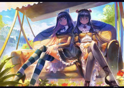 Rule 34 | 10s, 2girls, black hair, black thighhighs, blue eyes, blunt bangs, blush, bow, couch, cross-laced footwear, crossed legs, crossover, day, flower, frills, gokou ruri, gothic lolita, hair bow, hairband, high heels, ldld2, letterboxed, lolita fashion, lolita hairband, long hair, look-alike, multicolored hair, multiple girls, ore no imouto ga konna ni kawaii wake ga nai, outdoors, panty &amp; stocking with garterbelt, red eyes, shade, shoes, sitting, smile, stocking (psg), striped clothes, striped legwear, striped thighhighs, thighhighs, two-tone hair