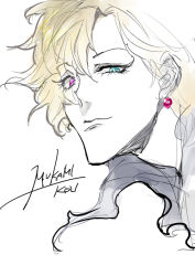 Rule 34 | 10s, 1boy, blonde hair, blue eyes, character name, close-up, closed mouth, diabolik lovers, earrings, eyelashes, heterochromia, jewelry, looking at viewer, male focus, mukami kou, nozoki davis, partially colored, pink eyes, simple background, single earring, solo, white background