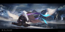 Rule 34 | 1girl, absurdres, animal ears, artist name, black cape, black footwear, black gloves, black jacket, black jumpsuit, blood, brown cape, brown thighhighs, cape, cloud, cloudy sky, commentary, dated, fingerless gloves, gloves, gradient cape, highres, ice, jacket, jumpsuit, letterboxed, long hair, long sleeves, mountain, outdoors, pantyhose, pixiv fantasia, pixiv fantasia 1, pixiv fantasia last saga, scenery, shoes, short jumpsuit, single leg pantyhose, single thighhigh, sitting, sky, solo, storia, thighhighs, wariza, white hair
