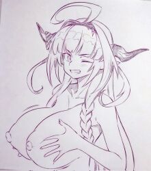 Rule 34 | 1girl, ahoge, blunt bangs, braid, breasts, breasts squeezed together, commentary request, dragon girl, dragon horns, grin, highres, hololive, horns, kiryu coco, large breasts, looking at viewer, monochrome, motion lines, nipples, one eye closed, pointy ears, single braid, smile, solo, traditional media, tsukareta san, upper body, virtual youtuber