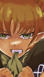 Rule 34 | 1girl, biting, biting clothes, blonde hair, clenched hands, clenched teeth, close-up, commentary request, green eyes, hair between eyes, highres, looking at viewer, medium bangs, mizuhashi parsee, parsee day, pointy ears, scanlines, short hair, solo, sumi neko, tearing up, teeth, touhou