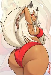 Rule 34 | 1girl, animal ears, arms up, ass, ass focus, bikini, breasts, cat ears, cat girl, cat tail, commission, curvy, dark-skinned female, dark skin, from behind, highres, large breasts, long hair, looking back, original, probablynoon, red bikini, red eyes, sideboob, signature, solo, swimsuit, tail, thick thighs, thighs, very long hair, white hair, zoom layer