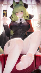 Rule 34 | 1girl, absurdres, animal ears, arknights, binggong asylum, black bow, black cape, black necktie, black vest, blush, bow, breasts, buttons, cape, cat ears, collared shirt, extra ears, feet, foot out of frame, foot up, green eyes, green hair, hair bow, hand up, harmonie (arknights), harmonie (invitation) (arknights), headhunting permit (arknights), highres, holding, indoors, large breasts, layered sleeves, long hair, long sleeves, looking at viewer, necktie, no shoes, pantyhose, plant, potted plant, see-through, shirt, sitting, soles, solo, thighs, toes, vest, wet, wet clothes, white pantyhose, white shirt, window