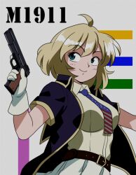 Rule 34 | 1990s (style), 1girl, ahoge, american flag, american flag print, belt, black belt, blonde hair, blue eyes, blue jacket, breasts, character name, closed mouth, collared shirt, commentary request, flag print, girls&#039; frontline, gloves, grey background, gun, hand up, handgun, highres, holding, holding gun, holding weapon, jacket, ki-51 (ampullaria), m1911, m1911 (girls&#039; frontline), medium breasts, medium hair, name connection, necktie, open clothes, open jacket, retro artstyle, shirt, short sleeves, skirt, smile, solo, weapon, white gloves, white shirt, white skirt