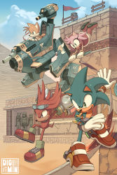 Rule 34 | 1girl, 3boys, absurdres, amy rose, blue eyes, bracelet, digimin, furry, furry female, furry male, goggles, goggles on head, green eyes, highres, huge filesize, jewelry, knuckles the echidna, mecha, midair, multiple boys, purple eyes, pyramid (structure), robot, sharp teeth, shoes, smile, sneakers, sonic (series), sonic adventure 2, sonic the hedgehog, spiked knuckles, statue, tail, tails (sonic), teeth
