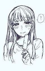 Rule 34 | 1girl, ?, bad id, bad twitter id, blush, close-up, commentary request, food, highres, holding, holding food, jewelry, long hair, looking at viewer, monochrome, monochrome background, necklace, nikaidou kou, original, popsicle, simple background, sketch, solo, speech bubble, spoken question mark, sweatdrop