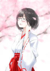 Rule 34 | 1girl, akito1218, black hair, branch, cherry blossoms, closed eyes, glasses, hakama, highres, japanese clothes, kimono, long sleeves, miko, open mouth, original, outdoors, petals, red hakama, ribbon-trimmed sleeves, ribbon trim, short hair, simple background, smile, solo, tree, white background, white kimono, wide sleeves, wind, wind lift