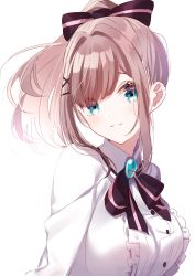 Rule 34 | :3, black bow, blue eyes, blush, bow, breasts, brooch, brown hair, center frills, closed mouth, collared shirt, eyebrows hidden by hair, frills, hair bow, hair intakes, hair ornament, hairclip, high ponytail, highres, jewelry, looking at viewer, medium breasts, misumi (macaroni), nijisanji, ponytail, shirt, sidelocks, simple background, solo, striped, striped bow, suzuhara lulu, upper body, virtual youtuber, white background, white shirt, x hair ornament