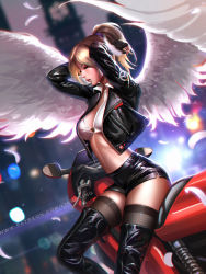 Rule 34 | 1girl, alternate costume, black thighhighs, blonde hair, boots, breasts, closed eyes, feathers, fingerless gloves, gloves, high ponytail, highres, jacket, large breasts, leather, leather jacket, leather shorts, liang xing, mercy (overwatch), overwatch, overwatch 1, ponytail, solo, thigh boots, thighhighs, thighhighs under boots, wings