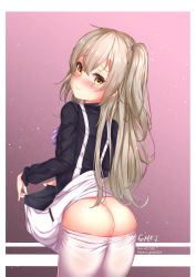 Rule 34 | 1girl, absurdres, artist name, ass, black dress, blush, brown eyes, brown hair, closed mouth, clothes lift, clothes pull, commentary request, cowboy shot, dress, dress lift, girls&#039; frontline, gmkj, hair between eyes, hair tie, highres, long hair, looking at viewer, looking back, nose blush, official alternate costume, one side up, pantyhose, pantyhose pull, patreon username, pixiv id, purple neckwear, scar, scar across eye, scar on face, solo, ump45 (agent lop rabbit) (girls&#039; frontline), ump45 (girls&#039; frontline), very long hair, white pantyhose