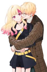Rule 34 | 1boy, 1girl, 2 (tsvf3235), alternate hairstyle, belt, blonde hair, brother and sister, choker, coat, commentary, crop top, glasses, gradient hair, highres, hug, hug from behind, jacket, jewelry, long sleeves, multicolored hair, necklace, orange eyes, orange hair, pink eyes, pink hair, project sekai, short hair, siblings, smile, sweater, symbol-only commentary, tenma saki, tenma tsukasa, trench coat, turtleneck, turtleneck sweater, white background, yellow belt, zozotown