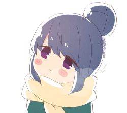 Rule 34 | 1girl, :t, atu, blue hair, blush, blush stickers, closed mouth, commentary request, hair bun, long hair, looking up, purple eyes, scarf, shima rin, simple background, single hair bun, solo, twitter username, upper body, white background, yellow scarf, yurucamp