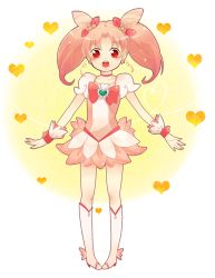 Rule 34 | 1girl, bad id, bad pixiv id, bishoujo senshi sailor moon, boots, brooch, chibi usa, child, color connection, cone hair bun, cosplay, cure blossom, cure blossom (cosplay), hair bun, heart, heart brooch, heartcatch precure!, jewelry, kiro taoru, knee boots, long hair, magical girl, pigeon-toed, pink hair, pink theme, precure, red eyes, skirt, solo, twintails