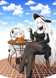 Rule 34 | 2girls, absurdres, abyssal ship, ahoge, aircraft carrier princess, bare shoulders, black dress, black gloves, black legwear, blush stickers, butter, capera, collarbone, crossed legs, cup, dress, elbow gloves, food, fork, gloves, hat, high heels, highres, horns, kantai collection, knife, loafers, long hair, looking at viewer, mittens, multiple girls, northern ocean princess, pale skin, pancake, pantyhose, plate, red eyes, shoes, sitting, sparkling eyes, syrup, teacup, white dress, white hair, yellow eyes