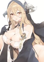 Rule 34 | 1girl, absurdres, azur lane, bare shoulders, between breasts, black dress, black gloves, blonde hair, blush, breast curtains, breasts, cleavage, clothing cutout, collarbone, cowboy shot, cross, crossed bangs, detached sleeves, dress, fake horns, gloves, habit, hair between eyes, half gloves, hand on own chest, hand up, highres, horns, implacable (azur lane), large breasts, lips, long hair, long sleeves, looking at viewer, nun, parted lips, pelvic curtain, red eyes, revealing clothes, rin (yukameiko), sidelocks, simple background, solo, thighs, veil, very long hair, white background, wide sleeves