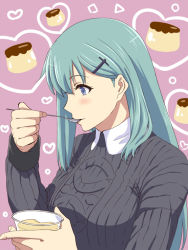 Rule 34 | 10s, 1girl, blue eyes, commentary request, eating, food, green hair, hair ornament, hairclip, holding, ishii hisao, kantai collection, long hair, pudding, smile, solo, spoon, suzuya (kancolle), sweater