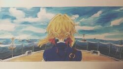 Rule 34 | 1girl, blonde hair, blue jacket, blue sky, braid, braided bun, character request, check character, check copyright, chinese commentary, cloud, colored pencil (medium), commentary request, copyright request, double bun, facing away, from behind, hair bun, hair intakes, hair ribbon, highres, jacket, medium hair, nanzhu801 (noraaaaa), o-ring, ocean, outdoors, photo (medium), red ribbon, ribbon, scenery, ship, sky, solo, traditional media, violet evergarden, violet evergarden (series), watercraft, wind