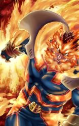 1boy abs action attack beard boku_no_hero_academia commentary_request constricted_pupils endeavor_(boku_no_hero_academia) facial_hair fiery_background fiery_hair fire highres male_focus muscular muscular_male mustache pectorals scar scar_on_face scowl skin_tight solo spiked_hair yomoyama_yotabanashi