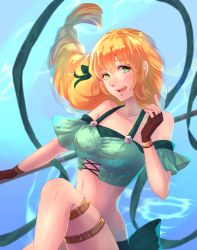 Rule 34 | 1girl, :d, bare shoulders, bikini, black gloves, blonde hair, breasts, commentary request, fingerless gloves, fire emblem, fire emblem: three houses, fire emblem heroes, floating hair, gloves, green bikini, green eyes, green ribbon, hair ribbon, hand up, highres, ingrid brandl galatea, knee up, long hair, looking at viewer, medium breasts, navel, nintendo, off-shoulder bikini, off shoulder, official alternate costume, open mouth, ribbon, riou (pooh920), short sleeves, smile, solo, stomach, swimsuit, thighlet, thighs