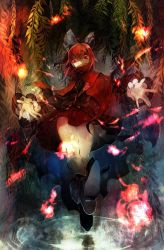 Rule 34 | 1girl, black bow, black footwear, black shirt, black socks, bow, cape, covered mouth, fire, full body, hair bow, high collar, hitodama, leaf, long sleeves, looking at viewer, miniskirt, no-kan, red eyes, red hair, red skirt, sekibanki, shirt, shoes, short hair, skirt, socks, solo, standing, standing on liquid, touhou, upskirt