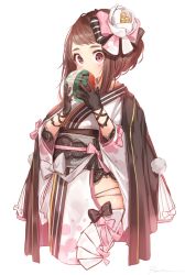 Rule 34 | 10s, 1girl, bad id, bad twitter id, ball, black gloves, blush, boku no hero academia, bow, brown eyes, brown hair, covered mouth, cowboy shot, flower, gloves, hair bow, hair flower, hair ornament, highres, hip vent, holding, holding ball, japanese clothes, kimono, looking at viewer, pom pom (clothes), ryota (ry o ta), short hair, sidelocks, simple background, solo, thick eyebrows, uraraka ochako, white background