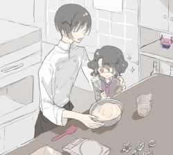 Rule 34 | 10s, 2boys, aged down, asselin bb ii, bad id, bad pixiv id, black hair, bowl, buttons, chef, child, closed eyes, double-breasted, eyepatch, hair over one eye, idolmaster, idolmaster side-m, indoors, kitchen, male focus, mixing bowl, mole, mole under mouth, multiple boys, oven, red eyes, royu, satan (idolmaster), shinonome soichiro, short hair, sparkle, spatula, stuffed toy, time paradox, wavy hair, wavy mouth, whisk