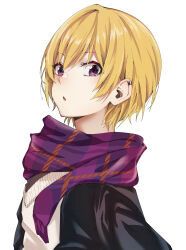 Rule 34 | 1girl, absurdres, black jacket, blonde hair, blush, breasts, ear piercing, from side, hair between eyes, highres, idolmaster, idolmaster shiny colors, jacket, looking at viewer, lulutaeri, parted lips, piercing, plaid, plaid scarf, purple eyes, purple scarf, saijo juri, scarf, short hair, simple background, small breasts, solo, sweater, upper body, white background, white sweater