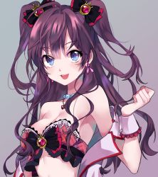 Rule 34 | 10s, 1girl, bare shoulders, blonde hair, blue eyes, bow, breasts, brown hair, cleavage, crop top, earrings, gradient background, hair bow, hand up, heart, heart necklace, ichinose shiki, idolmaster, idolmaster cinderella girls, jewelry, large breasts, long hair, looking at viewer, necklace, open clothes, open mouth, pearl necklace, pendant, ppu , sleeveless, smile, solo, strapless, two side up, wrist cuffs