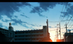 Rule 34 | bad id, bad pixiv id, building, cloud, letterboxed, mogumo, no humans, power lines, scenery, sky, sunrise
