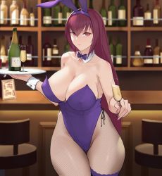 Rule 34 | 1girl, alcohol, animal ears, bar (place), bare shoulders, bottle, bow, bowtie, breasts, champagne, champagne flute, cleavage, closed mouth, collarbone, cup, curvy, detached collar, drinking glass, fake animal ears, fate/grand order, fate (series), female focus, fishnet pantyhose, fishnets, highleg, highleg leotard, highres, huge breasts, bridal garter, leotard, long hair, looking at viewer, pantyhose, playboy bunny, purple hair, rabbit ears, red eyes, scathach (fate), siu hing5262, smile, solo, tray, wide hips, wrist cuffs